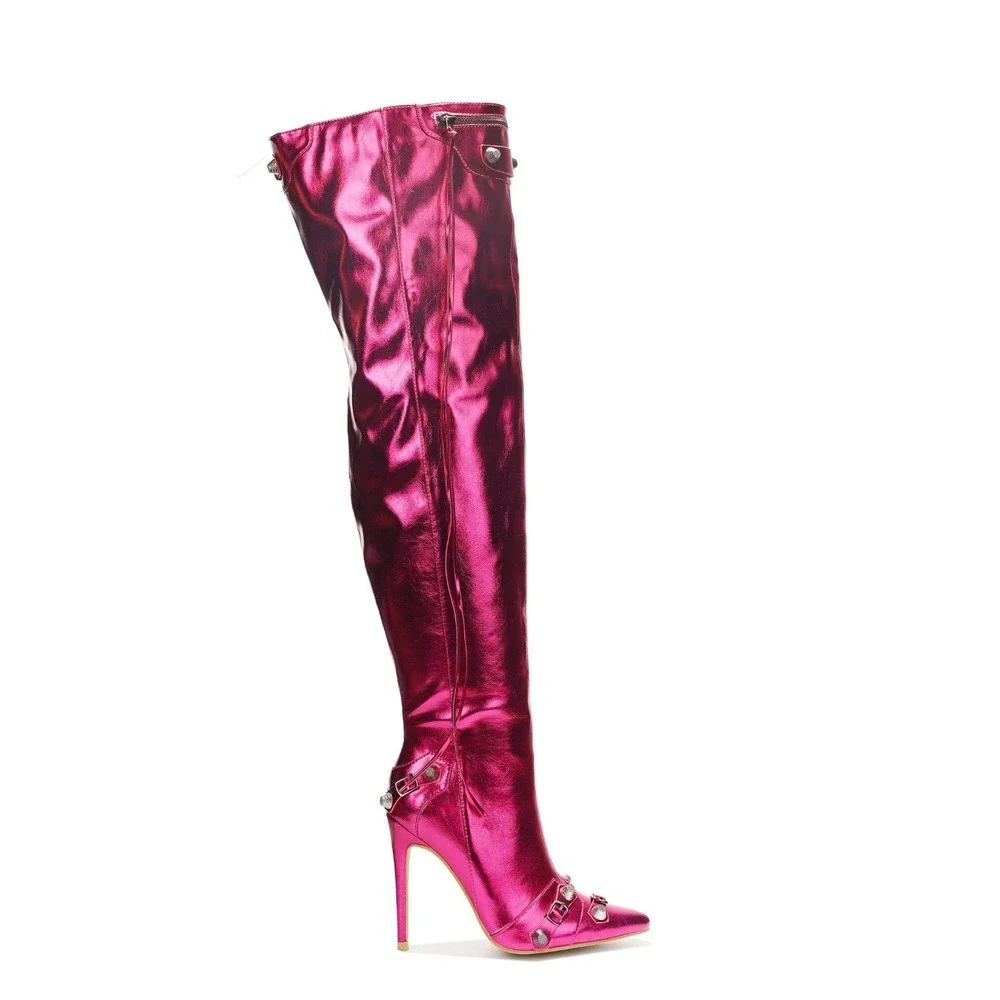 Cape Robbin Pofin-2 Metallic Thigh High Pointy‎ Toe Boots Hot Pink Women's 7 NEW
